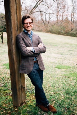 Men's Brown Plaid Blazer, Blue Chambray Long Sleeve Shirt, Navy Jeans, Tobacco Suede Desert Boots