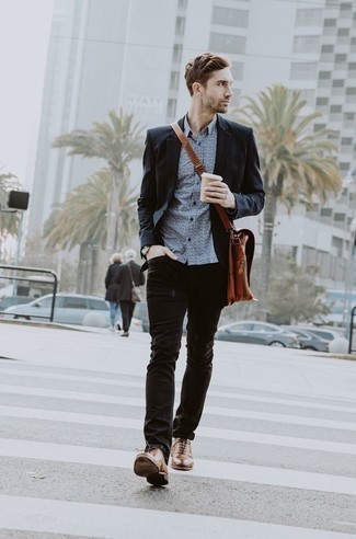 Men's Black Blazer, White and Navy Print Long Sleeve Shirt, Dark Brown Jeans, Brown Leather Oxford Shoes