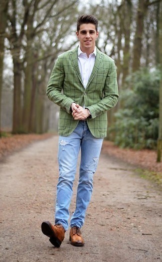 Tobacco Leather Brogues Outfits: Rock a green check blazer with light blue ripped jeans to feel infinitely confident in yourself and look neat and relaxed. Complement this outfit with tobacco leather brogues to immediately up the style factor of any getup.