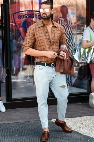 Beige Plaid Long Sleeve Shirt Outfits For Men: A beige plaid long sleeve shirt and light blue ripped jeans are a great combo to keep in your current rotation. To give your overall getup a smarter feel, why not complete this look with brown leather monks?