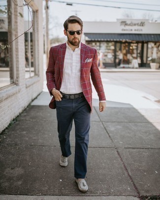Red Check Blazer Outfits For Men: If it's ease and practicality that you're looking for in an ensemble, dress in a red check blazer and navy jeans. Complement this look with a pair of grey suede tassel loafers to instantly switch up the ensemble.