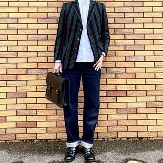 Men's Navy and Green Vertical Striped Blazer, White Long Sleeve Shirt, Navy Jeans, Black Leather Tassel Loafers