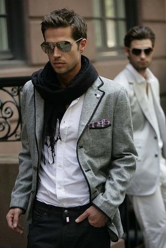 Black and White Scarf Outfits For Men: Show off your prowess in men's fashion by putting together a grey plaid blazer and a black and white scarf for a contemporary ensemble.