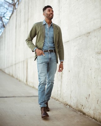 Olive Blazer Outfits For Men: As you can see, it doesn't require that much effort for a man to look seriously stylish. Try pairing an olive blazer with light blue jeans and you'll look incredibly stylish. For a sleeker aesthetic, why not grab a pair of dark brown leather chelsea boots?