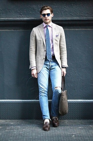 Men's Beige Blazer, Pink Long Sleeve Shirt, Light Blue Ripped Jeans, Dark Brown Leather Tassel Loafers