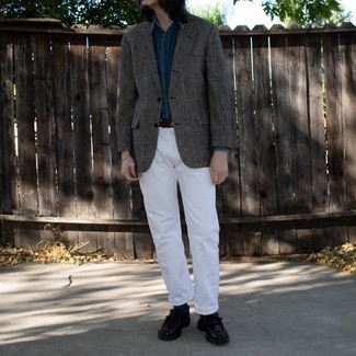 Men's Charcoal Plaid Wool Blazer, Navy Chambray Long Sleeve Shirt, White Jeans, Dark Brown Leather Tassel Loafers