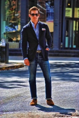 Men's Charcoal Blazer, Light Blue Long Sleeve Shirt, Blue Jeans, Tobacco Suede Tassel Loafers