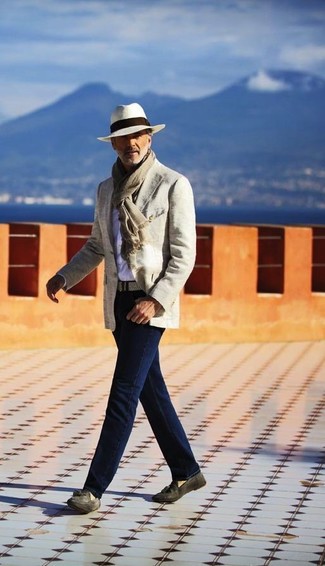 Tan Scarf Outfits For Men: Pairing a beige cotton blazer and a tan scarf will cement your skills in men's fashion even on weekend days. Punch up your getup with a pair of charcoal suede tassel loafers.