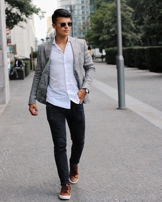 Black Jeans with Brown Sneakers Summer Outfits For Men In Their 30s: If you're after an off-duty but also dapper look, consider wearing a grey plaid blazer and black jeans. Add brown sneakers to the mix to effortlessly amp up the cool of this look. So if it's a boiling hot summertime day and you want to look dapper without putting in too much work, this getup will do the job in seconds time. And if we're talking dressing ideas for 30-something gentlemen, this look is ideal.