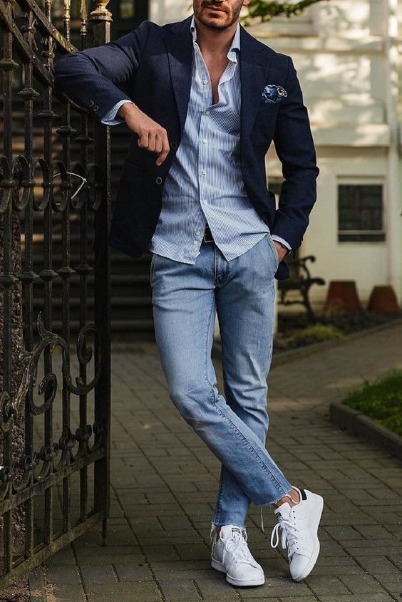 Men's Navy Blazer, Light Blue Vertical Striped Long Sleeve Shirt, Light  Blue Jeans, White Leather Low Top Sneakers