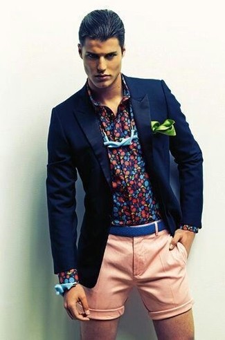 Men's Navy Blazer, Navy Print Long Sleeve Shirt, Pink Shorts, Light Blue Bow-tie