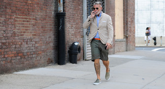 Men's Grey Cotton Blazer, Light Blue Long Sleeve Shirt, Olive Shorts, Olive Canvas Slip-on Sneakers