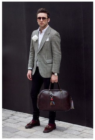 Burgundy Leather Holdall Outfits For Men: A grey plaid blazer and a burgundy leather holdall are a great go-to combination to have in your casual wardrobe. When it comes to shoes, go for something on the classier end of the spectrum and finish off this look with a pair of burgundy leather tassel loafers.