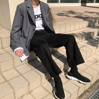 Charcoal Blazer Outfits For Men: Infuse a sophisticated touch into your current collection with a charcoal blazer and black chinos. Why not take a more relaxed approach with footwear and complete your outfit with black and white athletic shoes?