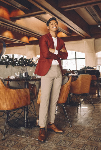 Brown Leather Derby Shoes Outfits: Combining a red wool blazer and beige wool chinos is a fail-safe way to inject your styling arsenal with some masculine refinement. If you wish to instantly step up your look with shoes, introduce a pair of brown leather derby shoes to the mix.