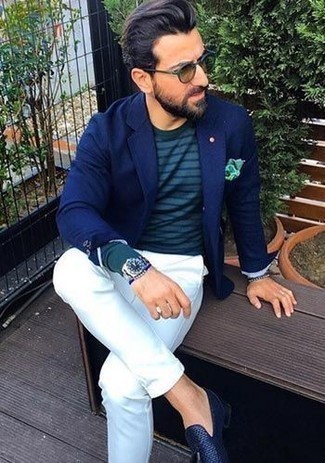Men's Navy Blazer, Teal Horizontal Striped Long Sleeve T-Shirt, White Chinos, Navy Leather Tassel Loafers