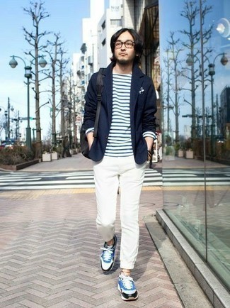Men's Navy Blazer, White and Navy Horizontal Striped Long Sleeve T-Shirt, White Chinos, White and Blue Athletic Shoes