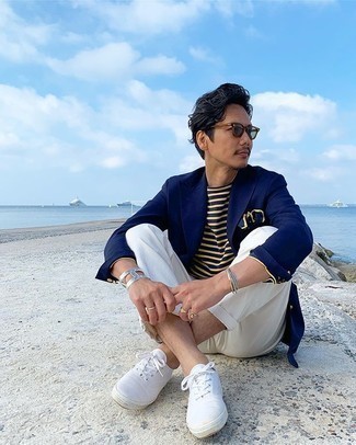 Men's Navy Blazer, Navy Horizontal Striped Long Sleeve T-Shirt, White Chinos, White Canvas Low Top Sneakers