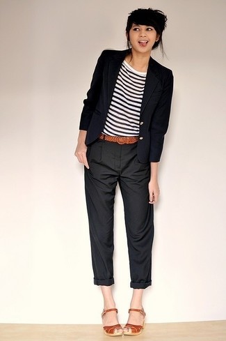 Women's Navy Blazer, White and Navy Horizontal Striped Long Sleeve T-shirt, Black Chinos, Tobacco Leather Heeled Sandals