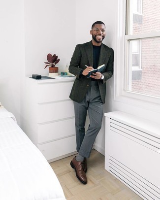 Brown Leather Brogues Outfits: Teaming a dark green plaid blazer with grey dress pants is an on-point option for a dapper and sophisticated ensemble. A pair of brown leather brogues integrates seamlessly within many combinations.