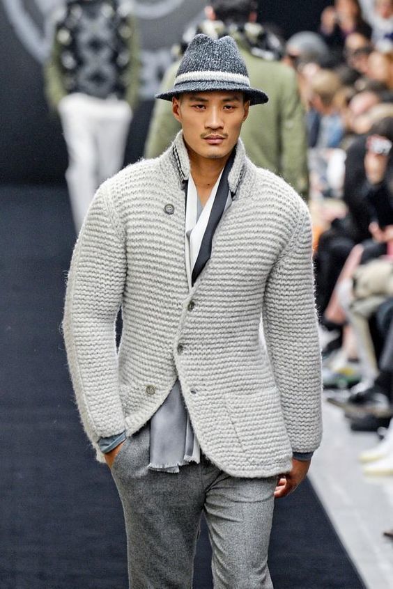 Men's Grey Knit Wool Blazer, Grey Long Sleeve T-Shirt, Grey Wool Dress  Pants, Charcoal Wool Hat