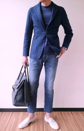 Men's Navy Wool Blazer, Navy Long Sleeve T-Shirt, Blue Jeans, White Leather Loafers