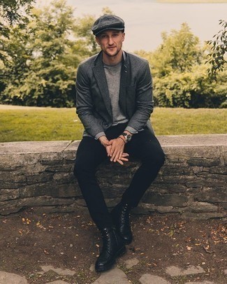 Grey Flat Cap Outfits For Men: For a look that's super easy but can be worn in a ton of different ways, try pairing a charcoal wool blazer with a grey flat cap. A pair of black leather casual boots will bring a strong and masculine feel to any getup.