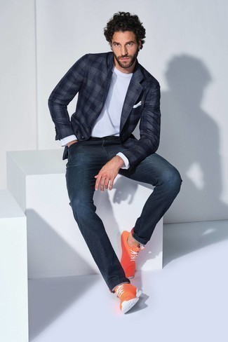 Navy Gingham Blazer Outfits For Men: A navy gingham blazer and navy jeans are absolute menswear must-haves if you're crafting an off-duty wardrobe that matches up to the highest sartorial standards. Go the extra mile and switch up your outfit by finishing with orange athletic shoes.