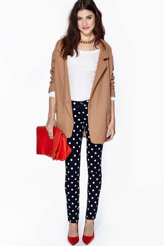 Women's Brown Wool Blazer, White Long Sleeve T-shirt, Black and White Polka Dot Skinny Jeans, Red Leather Pumps