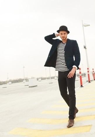 Men's Navy Blazer, White and Black Horizontal Striped Long Sleeve T-Shirt, Black Skinny Jeans, Brown Leather Derby Shoes