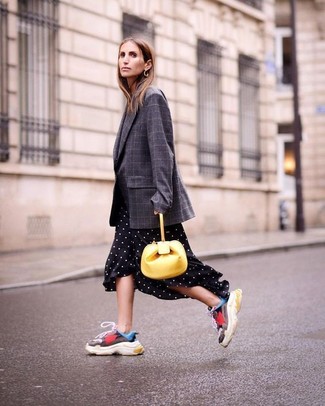 Women's Charcoal Check Wool Blazer, Black and White Polka Dot Midi Dress, Multi colored Athletic Shoes, Yellow Leather Clutch