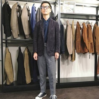 Grey Chinos Outfits: This look proves that it is totally worth investing in such menswear items as a black suede blazer and grey chinos. Bring a more laid-back twist to by finishing with black and white canvas high top sneakers.