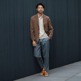 Tobacco Leather Sandals Outfits For Men: A brown vertical striped blazer and teal chinos are the kind of a never-failing ensemble that you so desperately need when you have no extra time to plan an outfit. Play down the dressiness of your getup by finishing off with tobacco leather sandals.