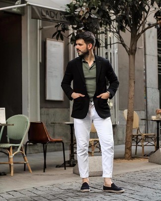 Black Blazer Outfits For Men: A black blazer and white chinos? This menswear style will turn every head in the room. In the footwear department, go for something on the relaxed end of the spectrum by slipping into a pair of black canvas espadrilles.