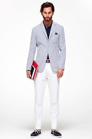 Blue And White Stripe Seersucker Slim Fit Jacket