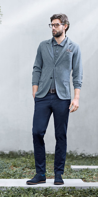 Charcoal Polo Outfits For Men: For a casual and cool ensemble, consider teaming a charcoal polo with navy chinos — these two pieces go pretty good together. Balance out your ensemble with a sleeker kind of footwear, like this pair of navy suede derby shoes.