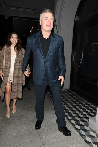 Alec Baldwin wearing Teal Plaid Blazer, Black Polo, Navy Chinos, Black Leather Loafers
