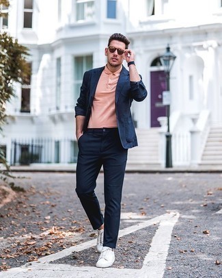 Navy Canvas Watch Outfits For Men: Teaming a navy blazer with a navy canvas watch is a nice pick for a laid-back yet sharp ensemble. Why not take a classier approach with shoes and introduce white canvas low top sneakers to the mix?