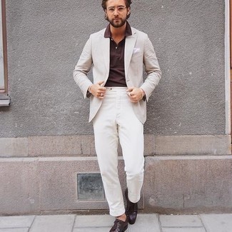 Tobacco Polo Outfits For Men: This combo of a tobacco polo and white chinos speaks comfort and effortless menswear style. And if you wish to instantly smarten up this outfit with one single piece, why not add a pair of dark brown leather derby shoes?