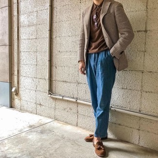 Tan Houndstooth Blazer Outfits For Men: When the situation calls for an elegant yet kick-ass getup, you can opt for a tan houndstooth blazer and blue chinos. Let's make a bit more effort with footwear and introduce a pair of brown suede tassel loafers to the equation.