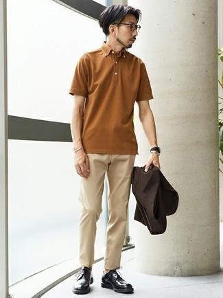 Brown Polo Outfits For Men: If the setting permits a casual look, try teaming a brown polo with khaki chinos. For a more polished twist, why not complete this look with a pair of black leather derby shoes?