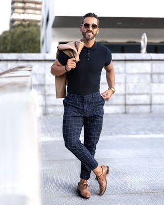Navy Check Chinos Outfits: Try teaming a tan blazer with navy check chinos for a neat sophisticated outfit. Let your outfit coordination sensibilities really shine by rounding off your ensemble with a pair of tan leather oxford shoes.