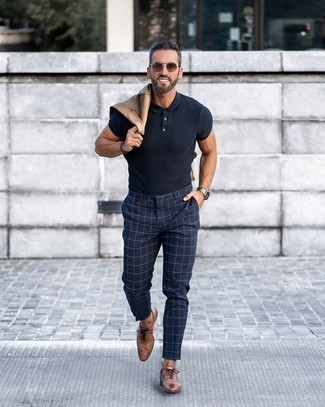 Navy Check Chinos Outfits: You'll be surprised at how very easy it is for any man to throw together this effortlessly sleek look. Just a tan blazer paired with navy check chinos. Kick up the dressiness of your ensemble a bit with a pair of brown leather oxford shoes.