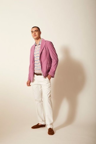 Hot Pink Blazer Outfits For Men: This combo of a hot pink blazer and white chinos is an interesting balance between dressy and casual. If you need to effortlessly dial up your look with footwear, why not complete this outfit with brown suede loafers?