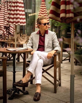 White Chinos Outfits: A beige houndstooth blazer and white chinos are the ideal way to introduce some polish into your current casual routine. For maximum style, complete this outfit with dark brown leather tassel loafers.