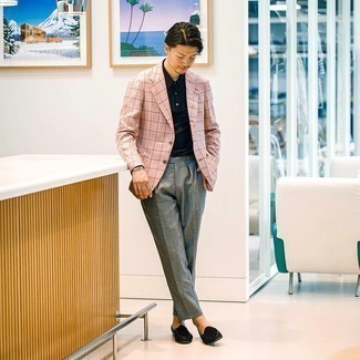 Black Velvet Loafers Outfits For Men: You're looking at the hard proof that a pink check blazer and grey dress pants look awesome when you pair them up in a classy ensemble for a modern guy. The whole outfit comes together if you introduce a pair of black velvet loafers to the equation.