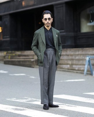 Olive Wool Blazer Outfits For Men: Try pairing an olive wool blazer with grey dress pants for extra stylish style. All you need is a great pair of black suede loafers to complete this getup.
