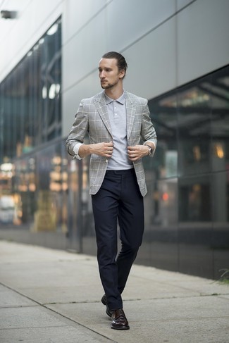 Charcoal Polo Outfits For Men: Opt for a charcoal polo and black dress pants for a clean polished ensemble. If you need to immediately up your outfit with footwear, why not throw black leather derby shoes into the mix?