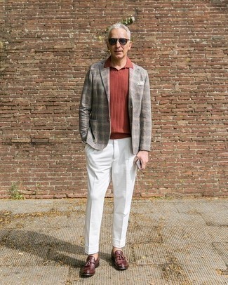 Red Polo Outfits For Men: Putting together a red polo with white dress pants is a smart option for an effortlessly sophisticated look. For a more sophisticated twist, why not throw a pair of burgundy leather tassel loafers into the mix?