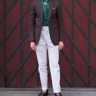 Men's Dark Brown Blazer, Dark Green Polo, White Dress Pants, Burgundy Leather Tassel Loafers